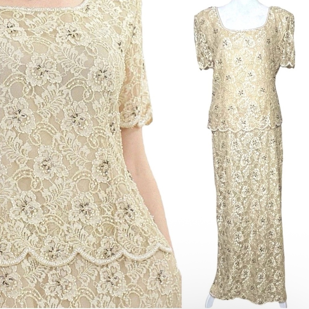 Vintage Stenay 80's Champagne Beaded Gown Size P10